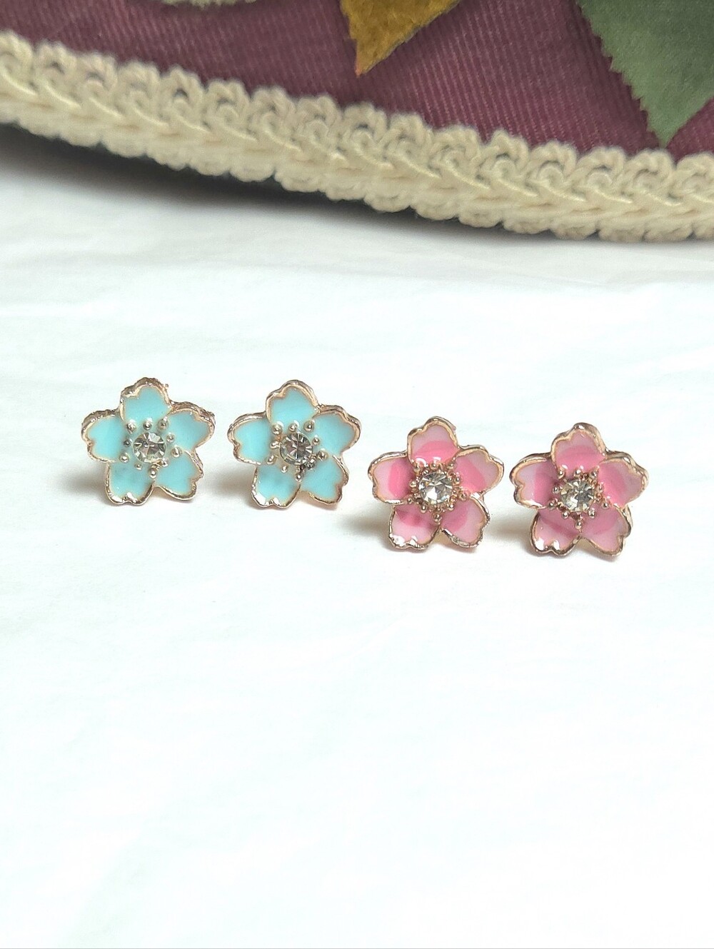 Blue & Pink Crystal Flower Rose Gold Plated Stud Earrings Set of 2 Earrings Lot